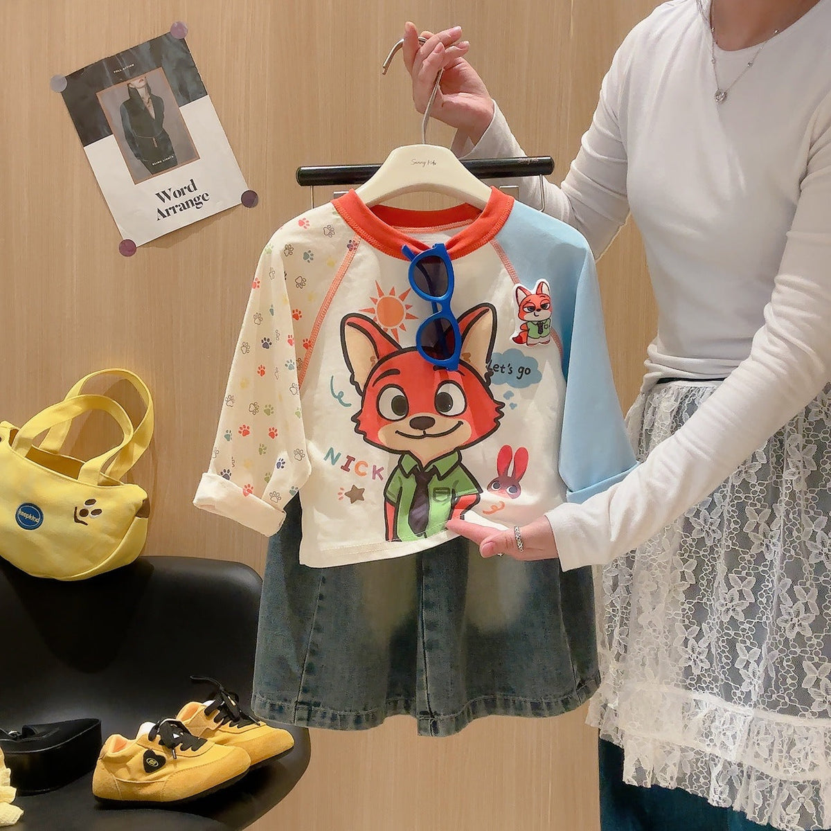 2026 Spring New Children's Long Sleeve T-Shirt for Boys and Girls, Cartoon Patchwork Sleeves, Round Neck Top, Cute Kids' Base Layer - image 5