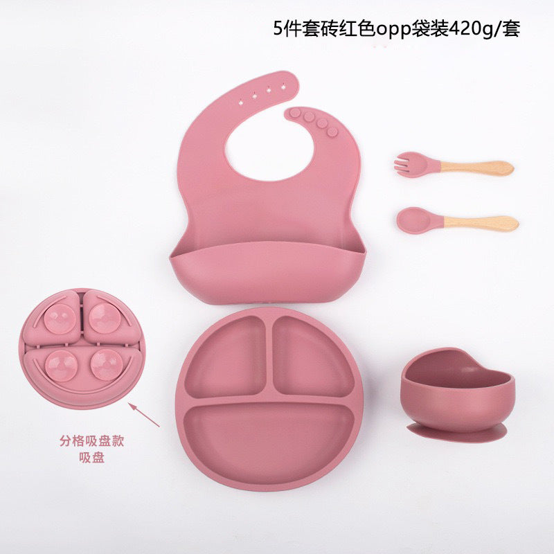 Cross-Border Children's Dinner Plate Silicone Tableware Five-Piece Set Infant Food-Grade Silicone Feeding Bowl Silicone Bowl Feeding Spoon - image 5