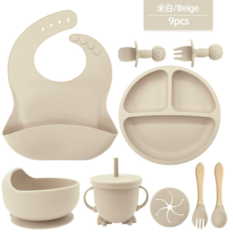 Cross-border children's tableware silicone plate children's supplies silicone bib food bowl spoon nine-piece feeding utensil set - image 5