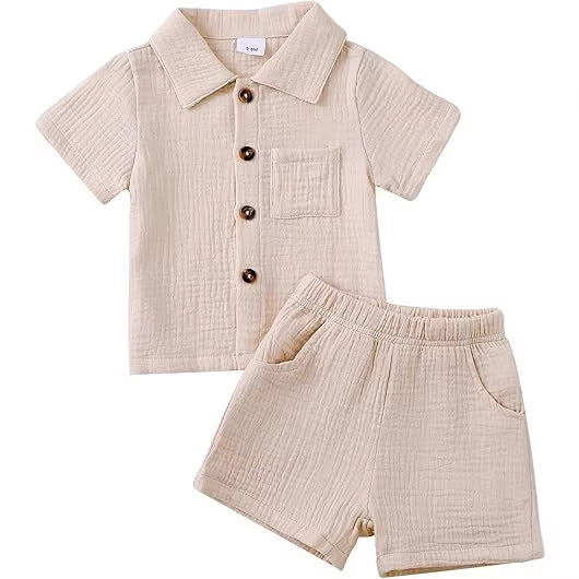 Baby Boy Cotton-linen Solid Color Textured Fabric Lapel Collar
