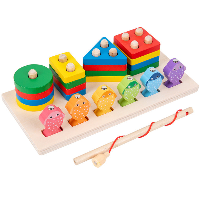 Children's two-in-one fishing shape set column baby early education Montessori shape cognitive matching wooden toys wholesale - image 5