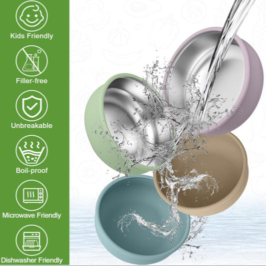New in stock Baby Stainless Steel Silicone Bowl with Suction Cup Removable 304 Non-slip Feeding Bowl Slide Heat Insulated for Children - image 2