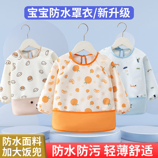 New Baby Waterproof Smock Kindergarten Eating Long-Sleeved Protective Clothing Kidsren's Thin Anti-Fouling Reverse Dressing Baby Rice Pocket - image 2