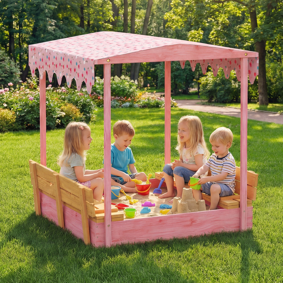 Wooden Sandbox with Cover, Kids Sandbox Outdoor with Seat,