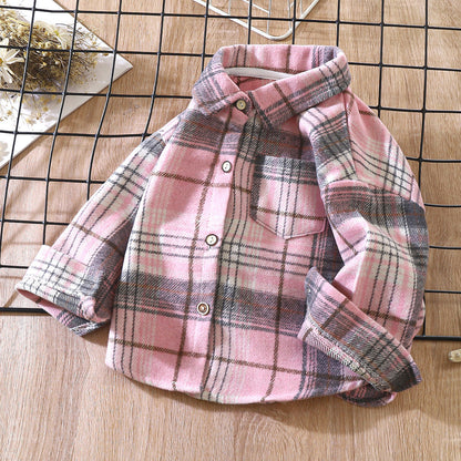 Boys' Long-Sleeve Autumn Plaid Shirt, Children's Retro Color-Block Cardigan, Turn-Down Collar Top, Girls' Plaid Jacket - image 2