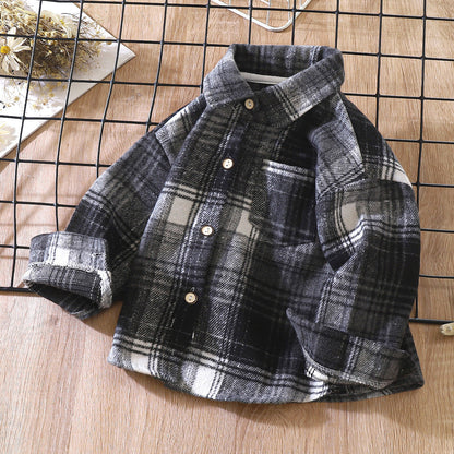 Boys' Long-Sleeve Autumn Plaid Shirt, Children's Retro Color-Block Cardigan, Turn-Down Collar Top, Girls' Plaid Jacket - image 3