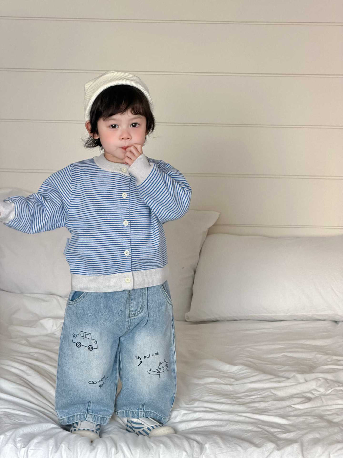 Baby Autumn Clothing 2026 New Korean Style Kidsren's Clothing Kidsren's Autum Clothes Boys Stripesd Knitwear Jeans Set - image 2