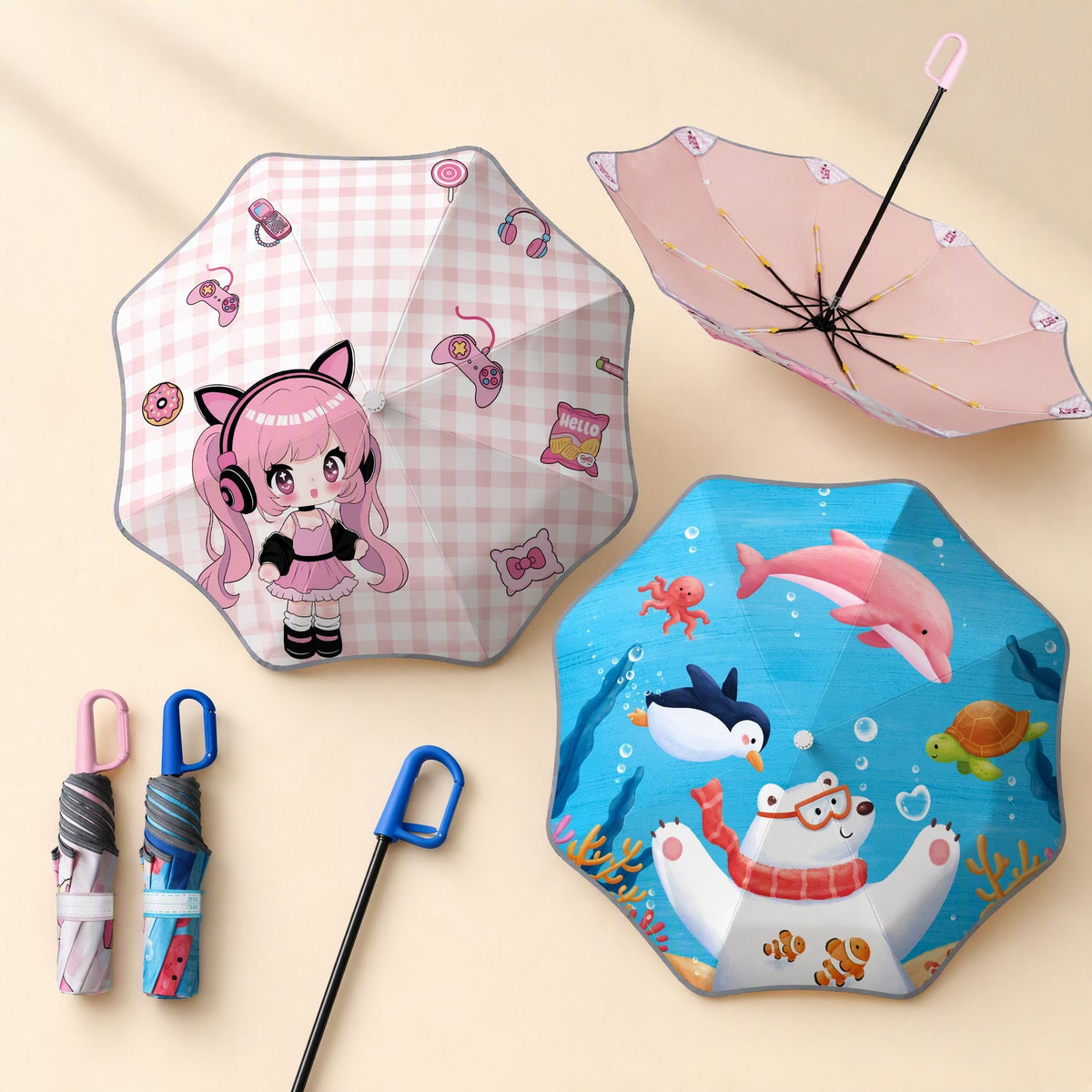 Children’s cartoon folding umbrella with ring buckle - view 2
