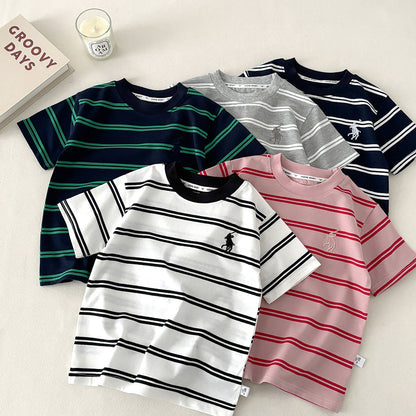 High-Quality Fabric Children's Summer Embroidered Short-Sleeve T-Shirt Cotton Stylish Girls' Striped Top - image 1