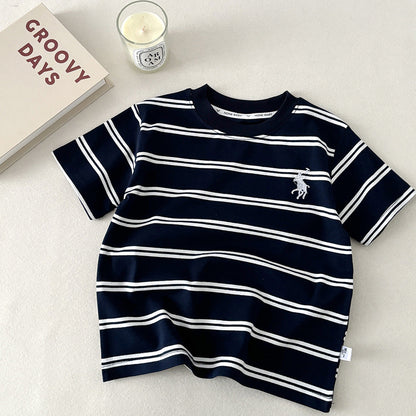 High-Quality Fabric Children's Summer Embroidered Short-Sleeve T-Shirt Cotton Stylish Girls' Striped Top - image 2