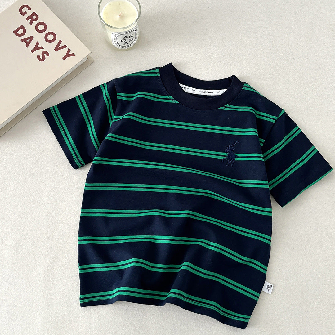 High-Quality Fabric Children's Summer Embroidered Short-Sleeve T-Shirt Cotton Stylish Girls' Striped Top - image 4