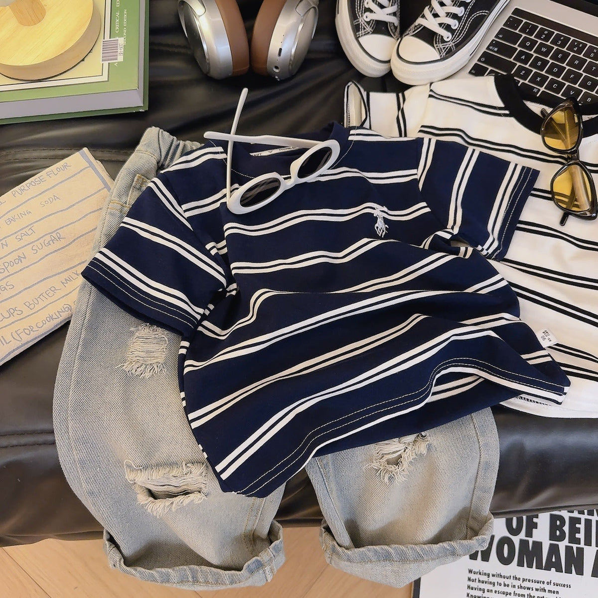High-Quality Fabric Children's Summer Embroidered Short-Sleeve T-Shirt Cotton Stylish Girls' Striped Top - image 5