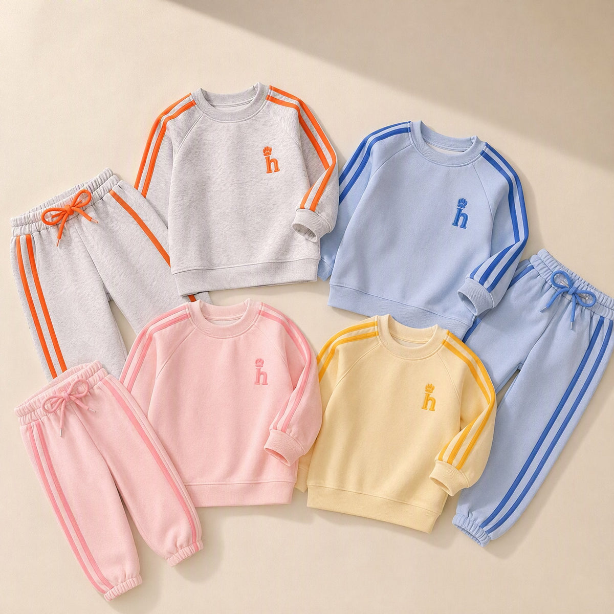Children's two-piece sports sweatshirt set with long sleeves, trousers, and an embroidered pattern
