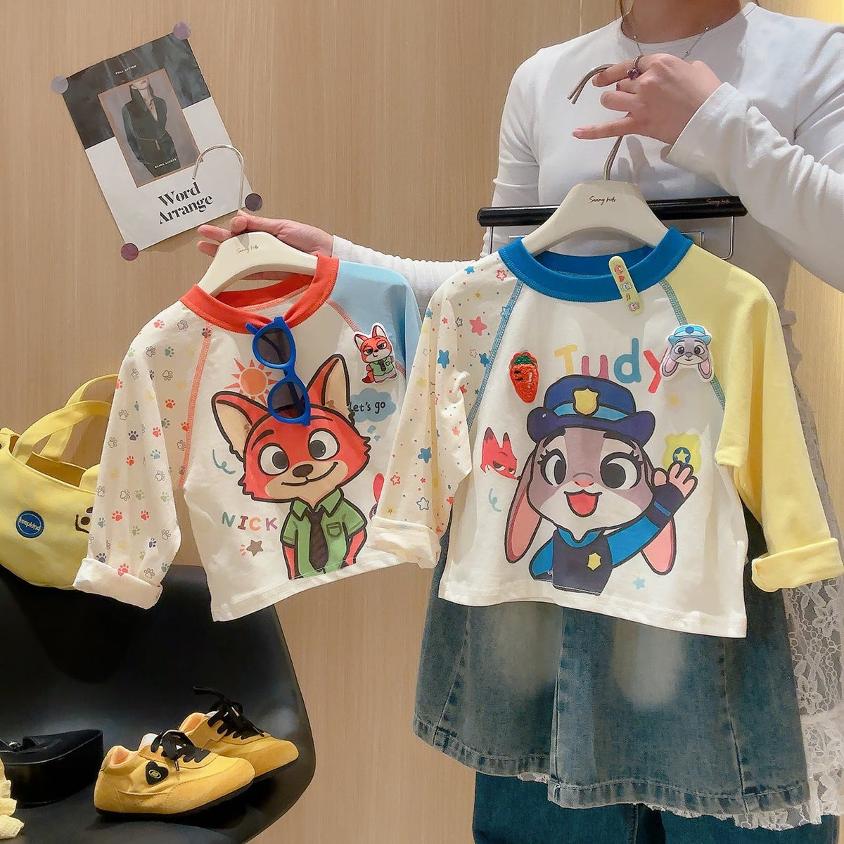 2026 Spring New Children's Long Sleeve T-Shirt for Boys and Girls, Cartoon Patchwork Sleeves, Round Neck Top, Cute Kids' Base Layer - image 3