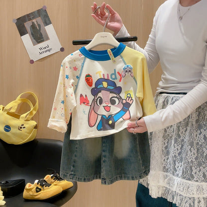 2026 Spring New Children's Long Sleeve T-Shirt for Boys and Girls, Cartoon Patchwork Sleeves, Round Neck Top, Cute Kids' Base Layer - image 4