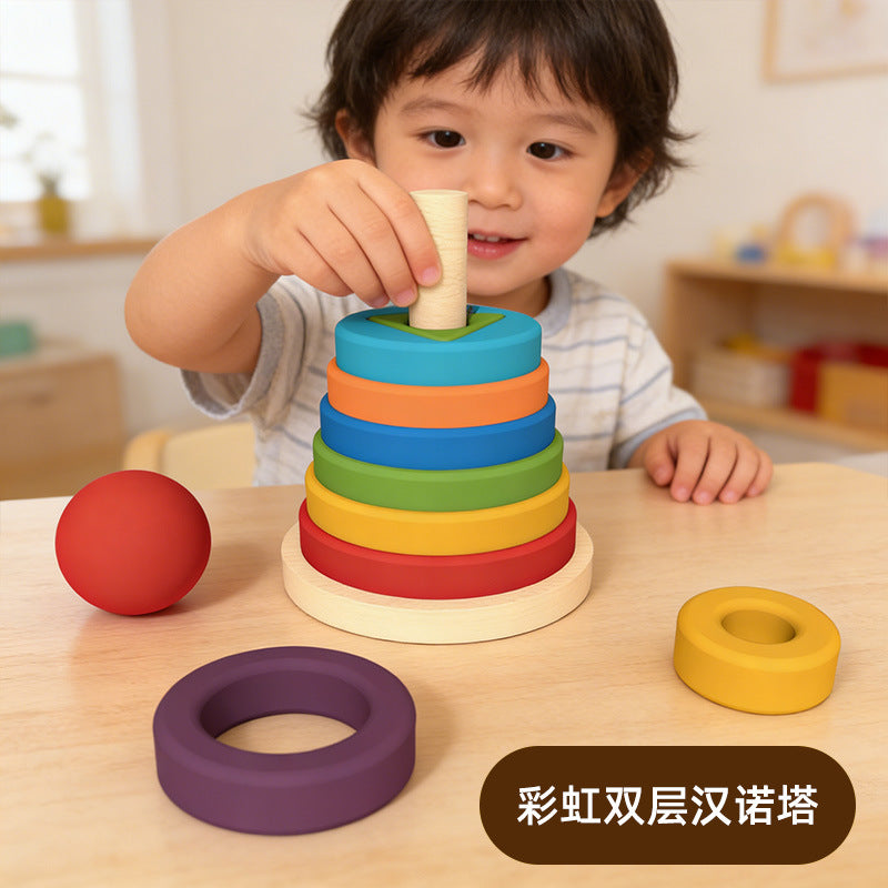 Wooden Rainbow Tower Stacking Toy with Color and Shape Matching, Stacking Rings and Columns, Children's Educational Toy - image 1