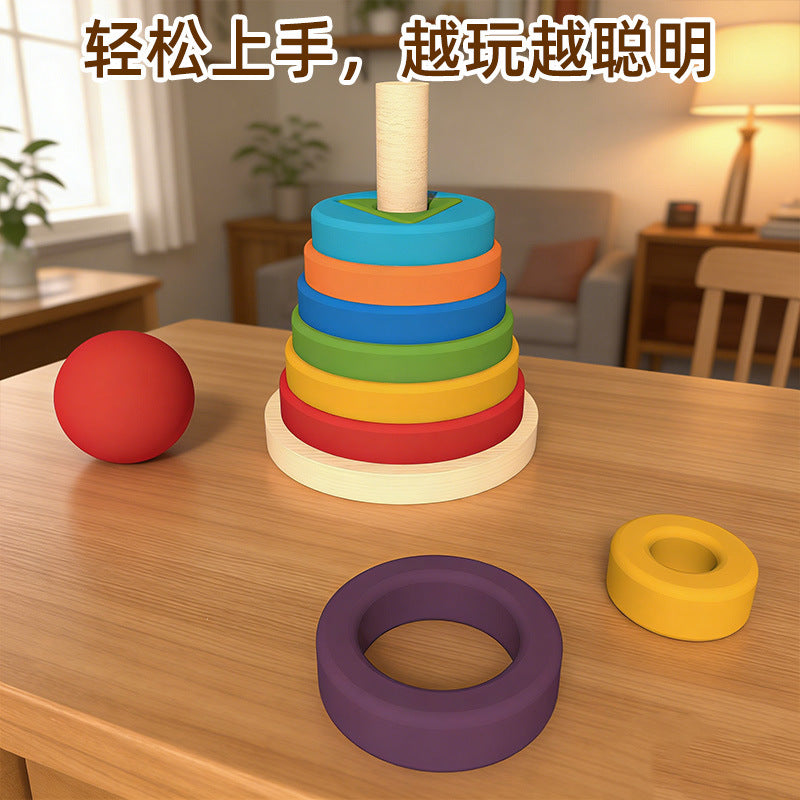 Wooden Rainbow Tower Stacking Toy with Color and Shape Matching, Stacking Rings and Columns, Children's Educational Toy - image 2