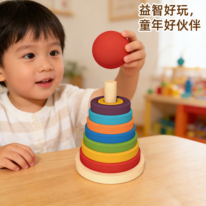 Wooden Rainbow Tower Stacking Toy with Color and Shape Matching, Stacking Rings and Columns, Children's Educational Toy - image 5