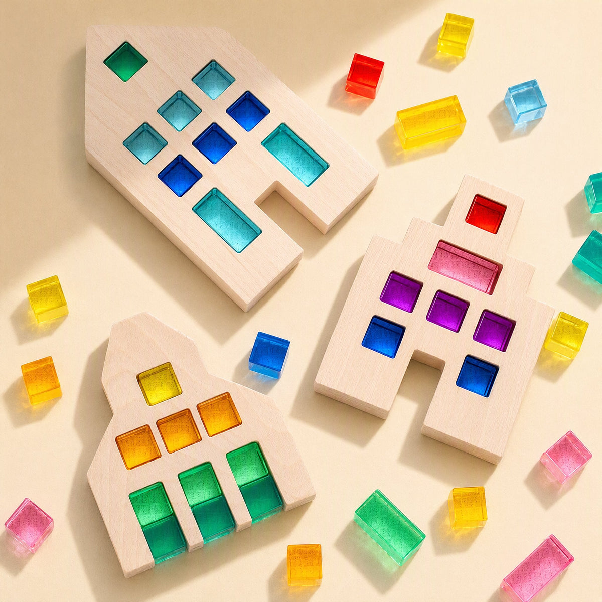 Translucent acrylic gemstone building blocks in cube, strip, and cylindrical shapes - view 2