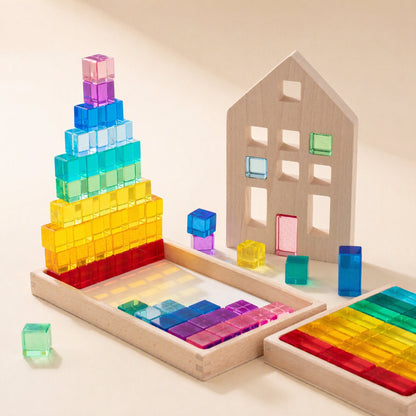 Translucent acrylic gemstone building blocks in cube, strip, and cylindrical shapes - view 3
