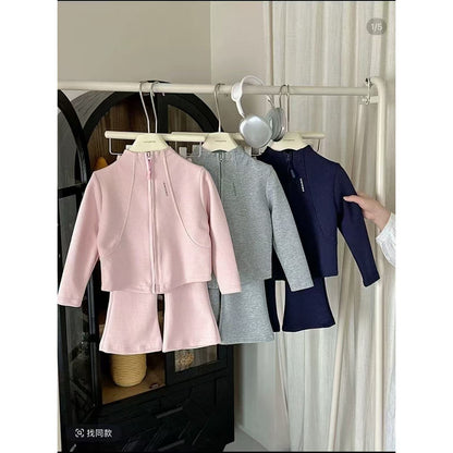 Girls' Spring and Autumn Sweatshirt Set 2026 Korean Style Zipper Short Jacket and Flared Pants Two-Piece Set for Baby Girls - image 1