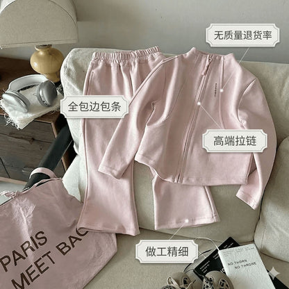 Girls' Spring and Autumn Sweatshirt Set 2026 Korean Style Zipper Short Jacket and Flared Pants Two-Piece Set for Baby Girls - image 3