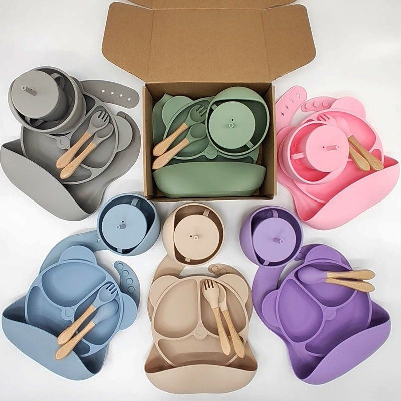 Amazon silicone tableware set, six-piece silicone plate with suction cup, silicone children's tableware, baby food accessories - image 1