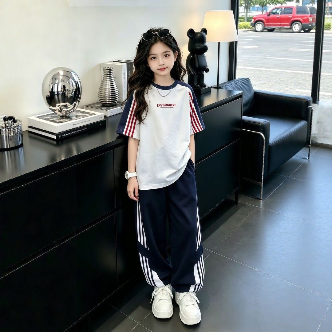 Summer New Thin Short-Sleeve T-Shirt and Long Pants Two-Piece Set for Boys and Girls, Trendy Parent-Child Sports Outfit for Older Children - image 1