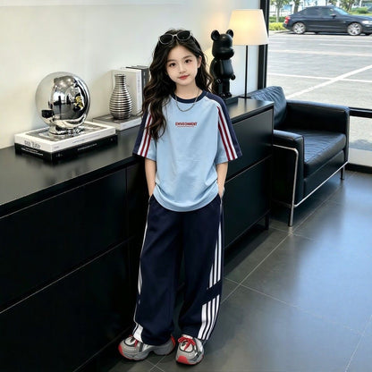 Summer New Thin Short-Sleeve T-Shirt and Long Pants Two-Piece Set for Boys and Girls, Trendy Parent-Child Sports Outfit for Older Children - image 2