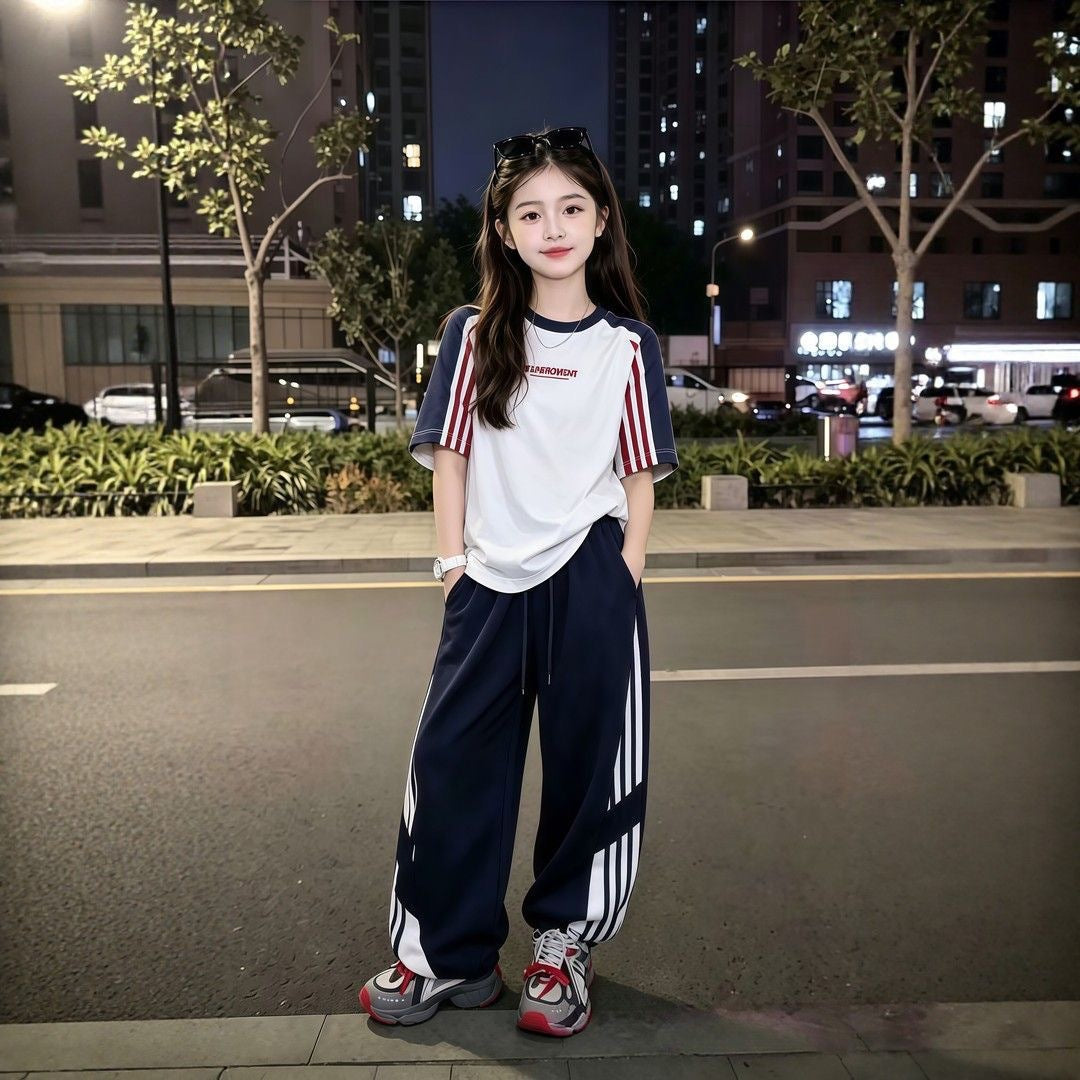 Summer New Thin Short-Sleeve T-Shirt and Long Pants Two-Piece Set for Boys and Girls, Trendy Parent-Child Sports Outfit for Older Children - image 3