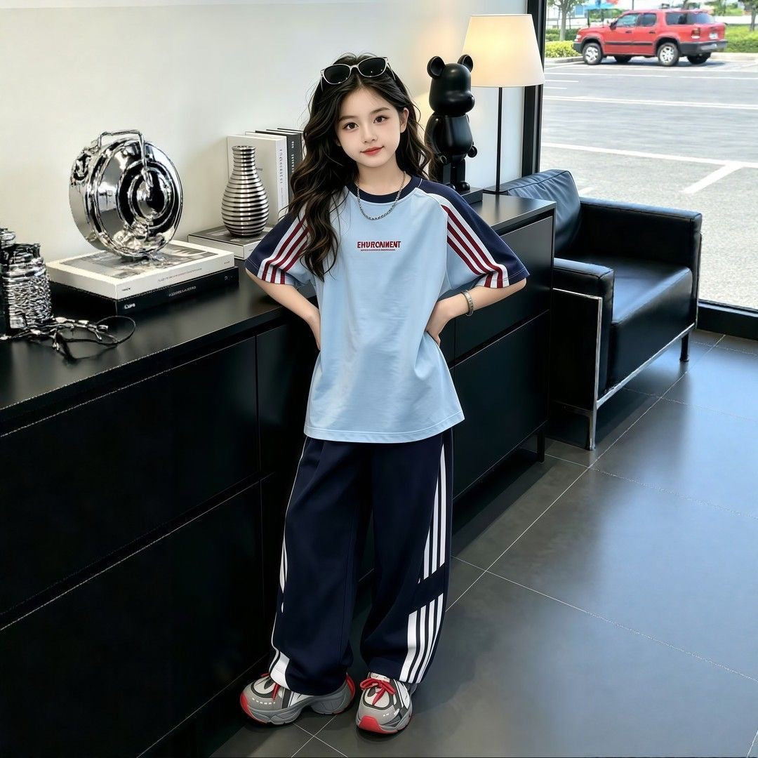 Summer New Thin Short-Sleeve T-Shirt and Long Pants Two-Piece Set for Boys and Girls, Trendy Parent-Child Sports Outfit for Older Children - image 4