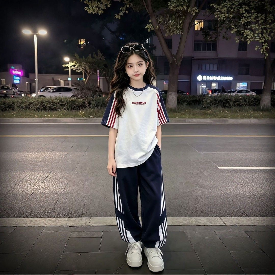 Summer New Thin Short-Sleeve T-Shirt and Long Pants Two-Piece Set for Boys and Girls, Trendy Parent-Child Sports Outfit for Older Children - image 5