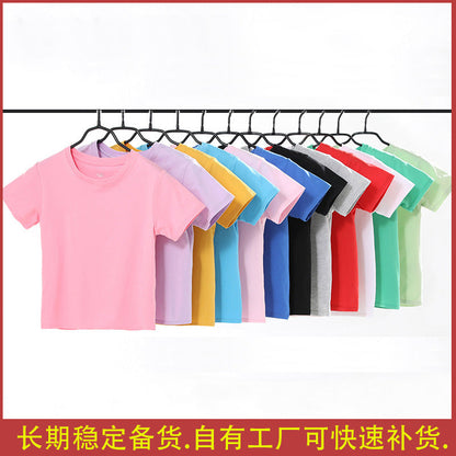 Children's pure cotton short-sleeve T-shirt for boys and girls, round neck, solid color, 180g heavy combed cotton base shirt, children's clothing wholesale - image 1