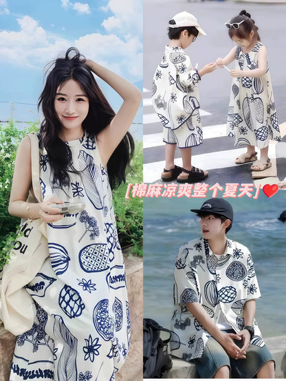 Elegant summer vacation family matching outfits: shirts for a family of three or four, baby, mother-child, mother-daughter, and beach dresses - image 1