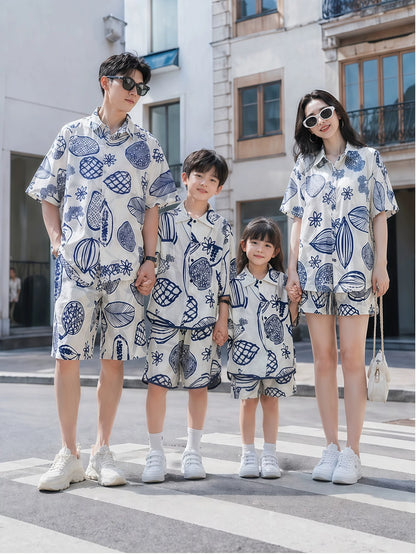 Elegant summer vacation family matching outfits: shirts for a family of three or four, baby, mother-child, mother-daughter, and beach dresses - image 4