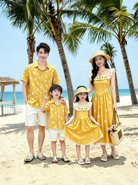 Parent-Child Summer Outfits for Beach and Seaside Vacations, Embroidered Daisy Shirts, Bohemian Mother-Daughter Dresses - image 1