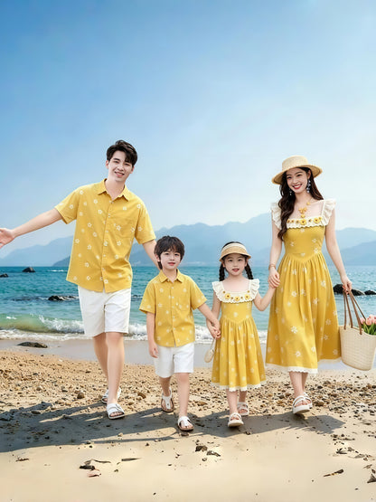 Parent-Child Summer Outfits for Beach and Seaside Vacations, Embroidered Daisy Shirts, Bohemian Mother-Daughter Dresses - image 2