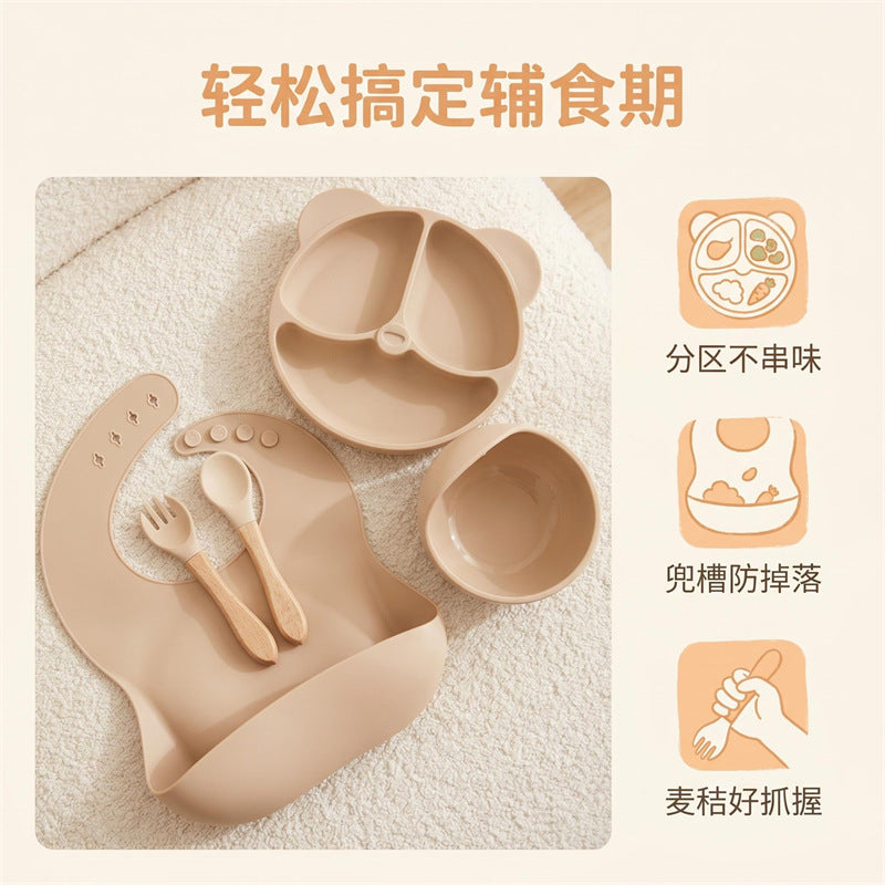 Cross-Border Children's Tableware Silicone Plate Five-Piece Set Baby Silicone Tableware Supplementary Food Bowl Baby Silicone Bowl Supplementary Food Spoon - image 3