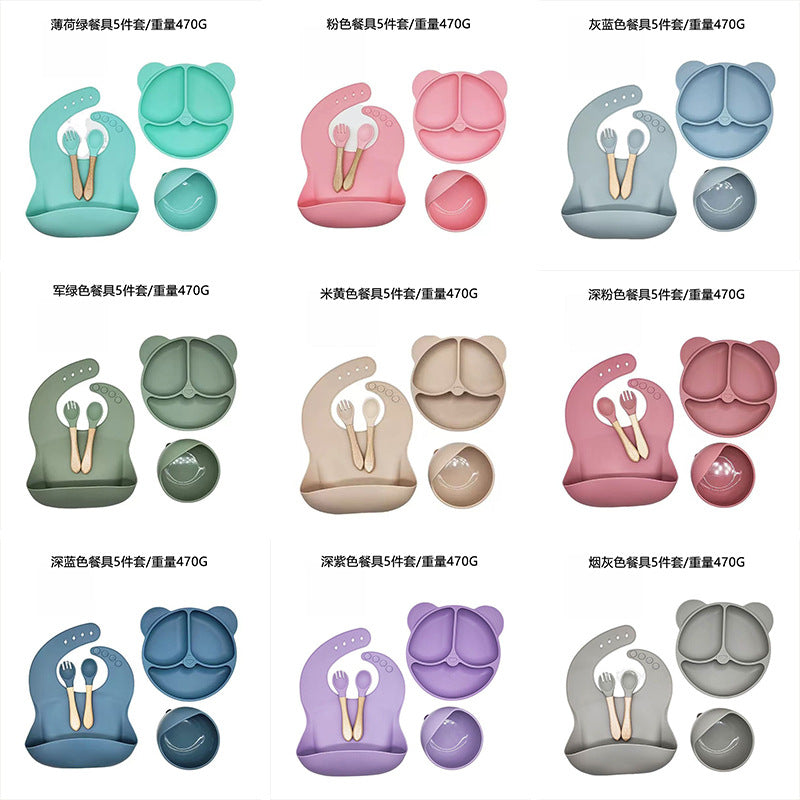 Cross-Border Children's Tableware Silicone Plate Five-Piece Set Baby Silicone Tableware Supplementary Food Bowl Baby Silicone Bowl Supplementary Food Spoon - image 5