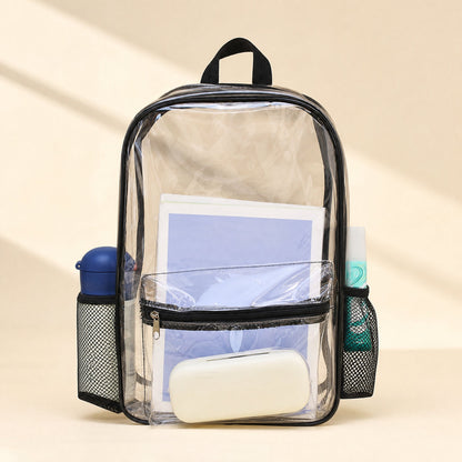 Black PVC school backpack with non-woven fabric lining and mobile phone bag