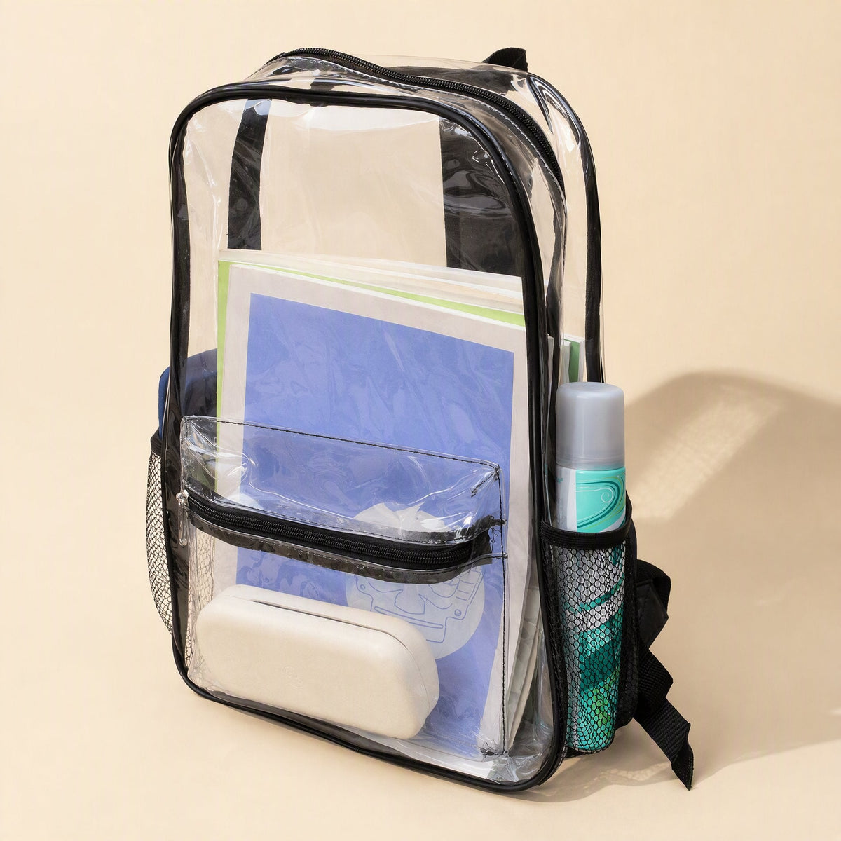 Black PVC school backpack with non-woven fabric lining and mobile phone bag - view 3