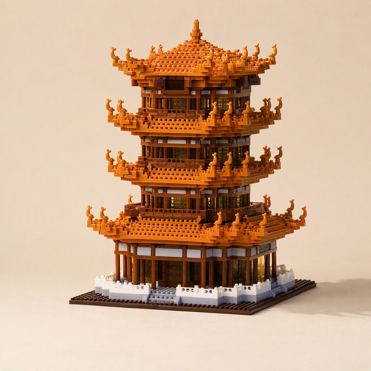 Assembled Yellow Crane Tower building-block 3D puzzle model