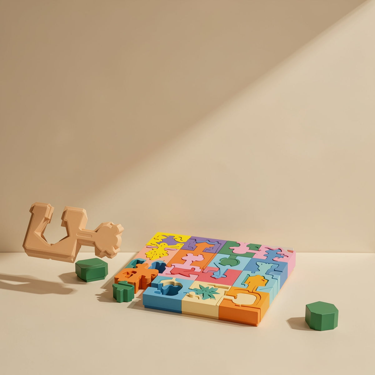 Wooden geometric shape matching building blocks, 16-piece puzzle