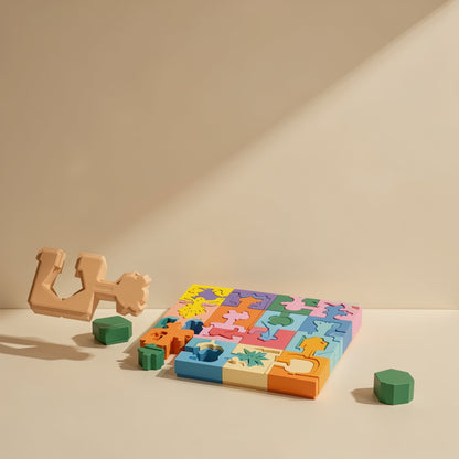 Wooden geometric shape matching building blocks, 16-piece puzzle