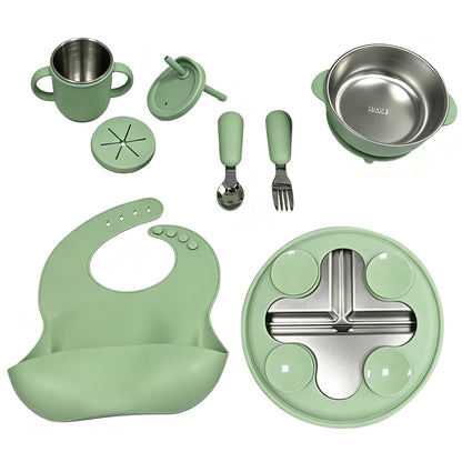 Food-Grade Children's Silicone Stainless Steel Tableware Set, Baby Plate, Feeding Bowl, Bib, Drinking Cup Set, in Stock - image 1