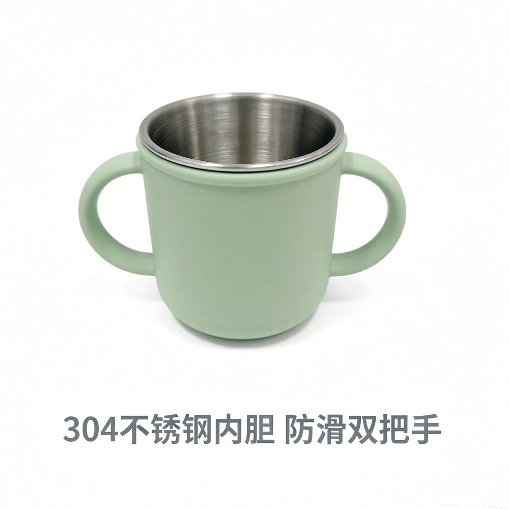 Food-Grade Children's Silicone Stainless Steel Tableware Set, Baby Plate, Feeding Bowl, Bib, Drinking Cup Set, in Stock - image 2