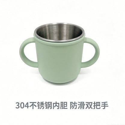 Food-Grade Children's Silicone Stainless Steel Tableware Set, Baby Plate, Feeding Bowl, Bib, Drinking Cup Set, in Stock - image 2