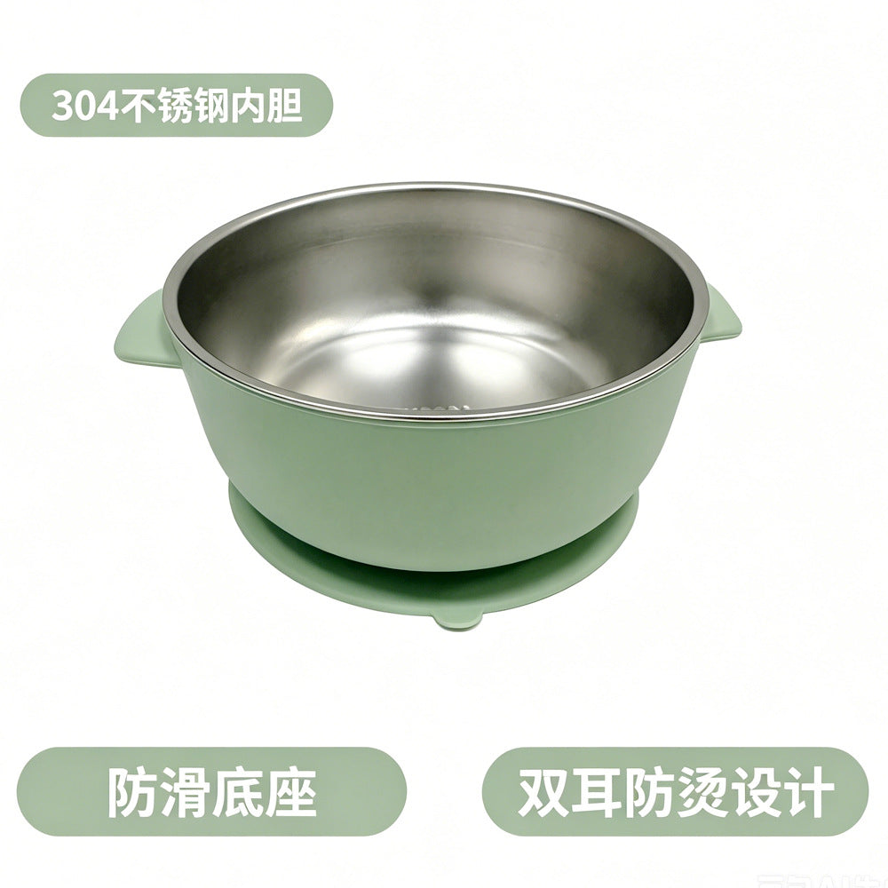 Food-Grade Children's Silicone Stainless Steel Tableware Set, Baby Plate, Feeding Bowl, Bib, Drinking Cup Set, in Stock - image 3