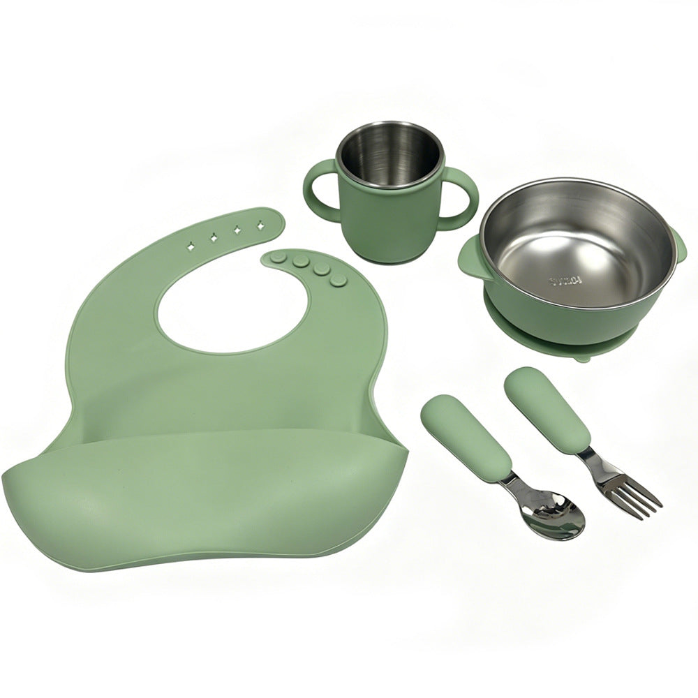 Food-Grade Children's Silicone Stainless Steel Tableware Set, Baby Plate, Feeding Bowl, Bib, Drinking Cup Set, in Stock - image 5