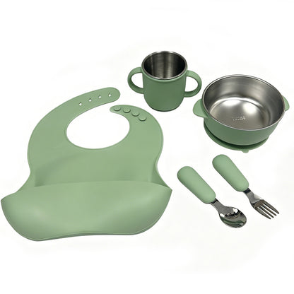 Food-Grade Children's Silicone Stainless Steel Tableware Set, Baby Plate, Feeding Bowl, Bib, Drinking Cup Set, in Stock - image 5
